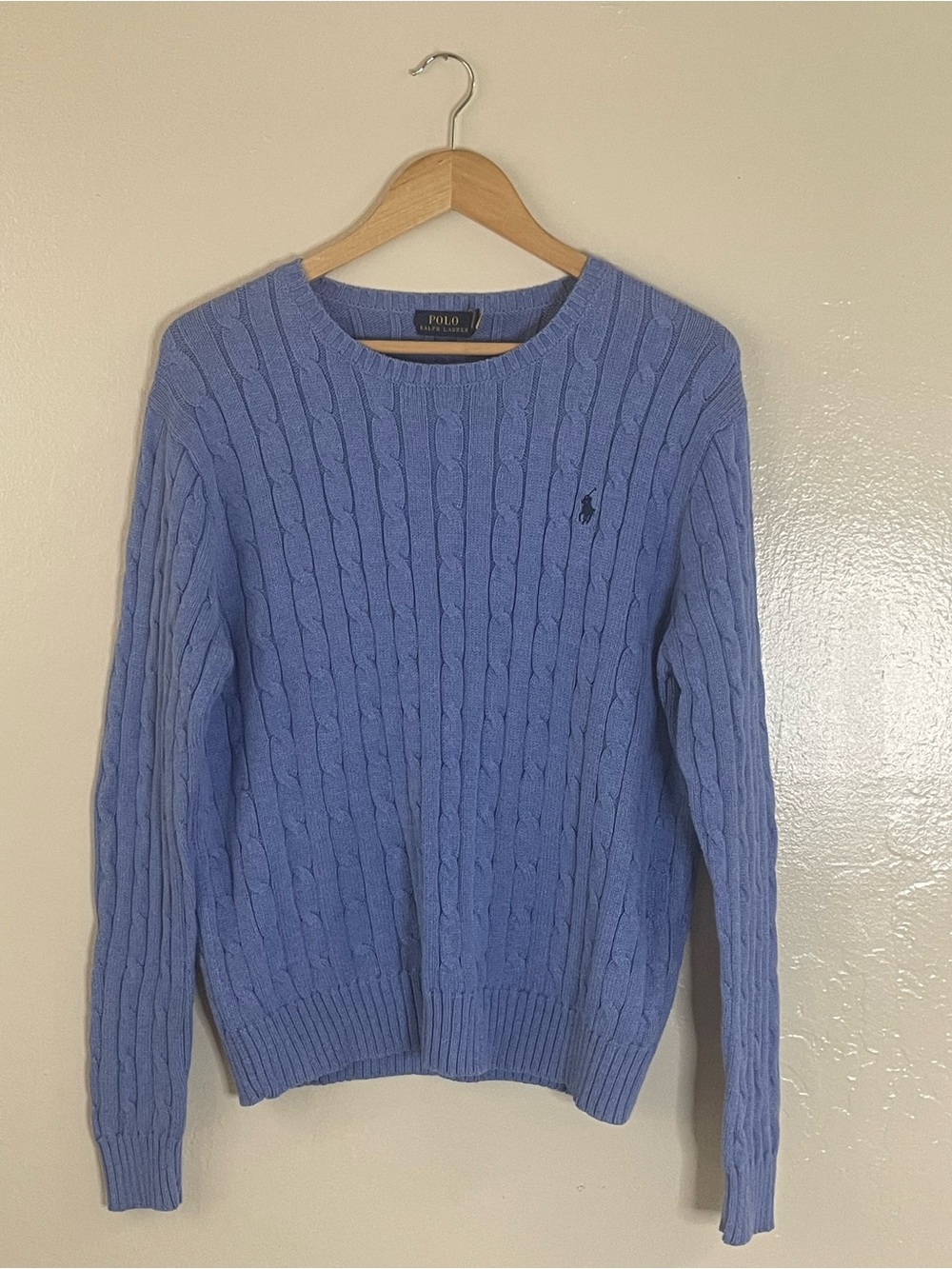 Ralph Lauren Men’s Blue Cable Knit Crewneck Sweater fisherman